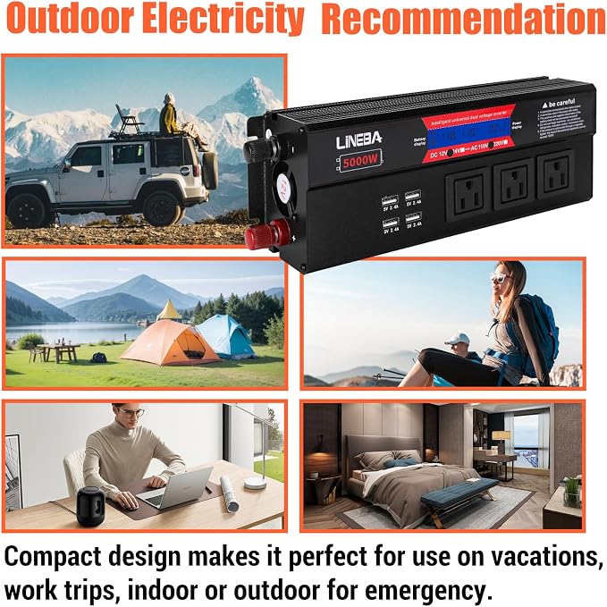 5000 Watt Power Inverter with LED Display, 3 AC Outlets, 4 USB Port, 12V DC to 110V AC Converter Car Power Inverter for Car, RV, Truck, Off Grid Solar System, Camping