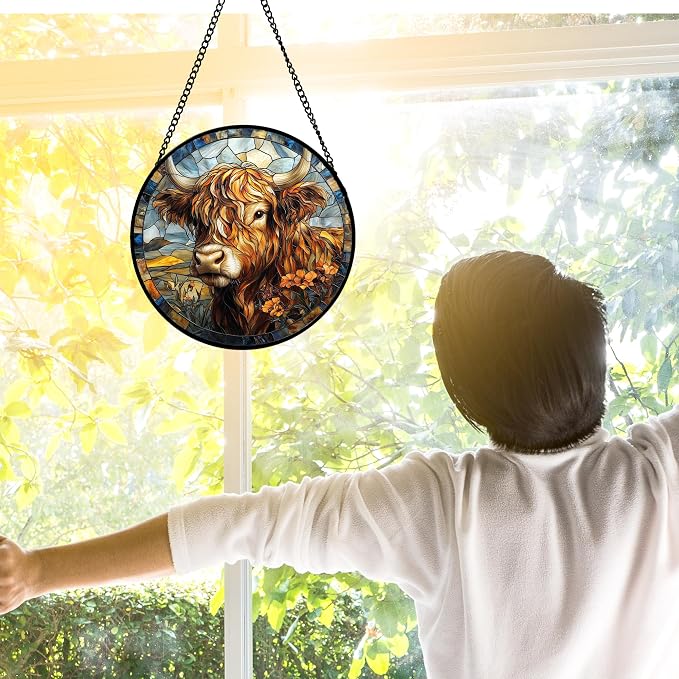 DASTOLL Stained Glass Window Hanging - Funny Cow Flower Suncatcher Ready to Hang Window Doors Home Decoration and Christmas, Mother's Day Birthday Gifts for Women, Men, and Mom 9.8x9.8 in