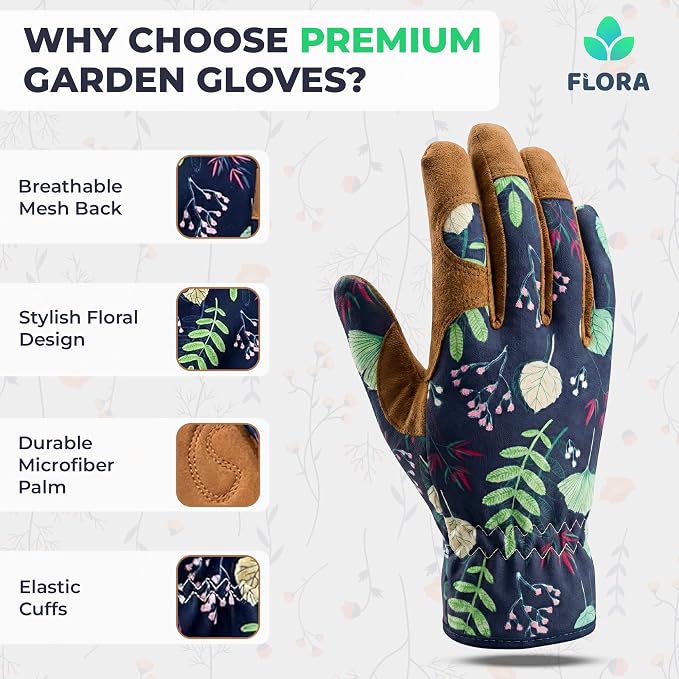 Flora Women's Gardening Gloves, Thorn Proof Microfiber Leather Garden Gloves for Women, Breathable Grip for Rose Garden Planting, Pruning, Weeding, Digging and Yard Work