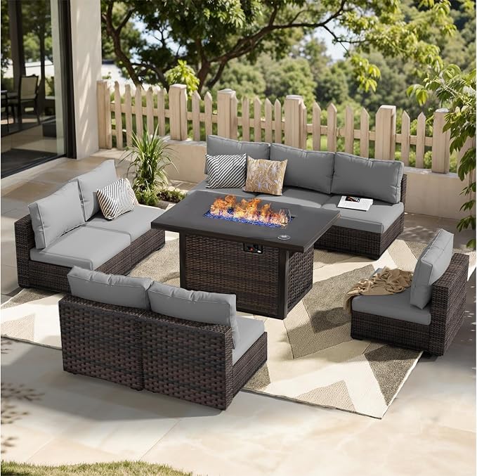 Patio Furniture Set Fire Pit Table 9 Piece All Weather PE Rattan Outdoor Sectional Sofa Couch with 8 x armless Sofa, No-Slip Cushions for Garden, Poolside, Backyard (Gray)