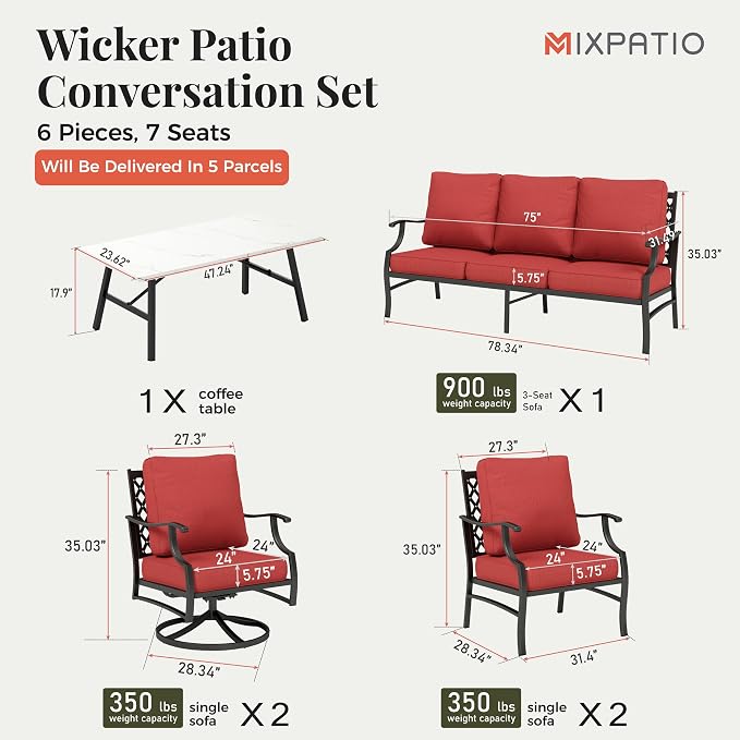 MIXPATIO Patio Furniture Set 6 pcs, Outdoor Patio Furniture, 1 X 3-Seat Sofa, 2 X Single Chairs, 2 X Swivel Chairs, 1 X Coffee Table and 5.75" Extra Thick Cushion, Patio Conversation Set,Red