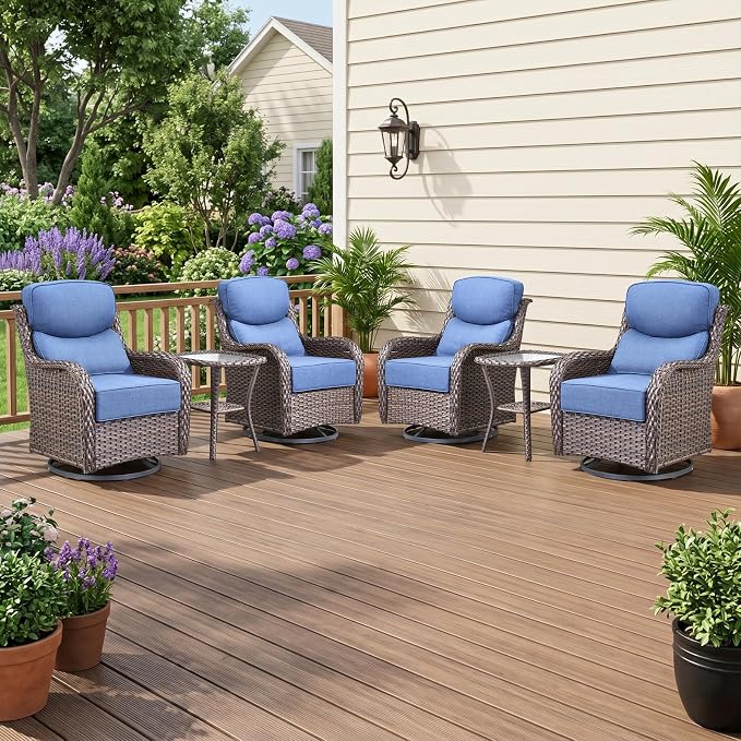 6 Piece Wicker Patio Furniture Set with Swivel Rocker Chairs Set of 4 Brown