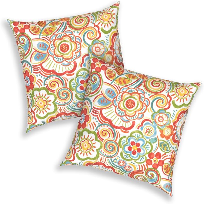 Pack of 2 Patio Throw Pillow Covers ONLY, Water Repellent Cushion Cases 20x20 Inch, Square Pillowcases for Outdoor Couch Decoration, Flower Multi