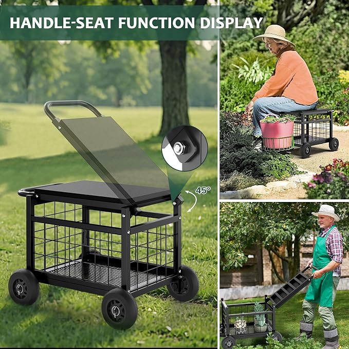 Garden Cart with Seat,3-in-1 Rolling Seat with Wheels for Gardening Seniors | Upgraded Heavy Duty Gardenning Cart with Seat, Supports up to 600 LBS for Seniors, Lawn, Patio & Backyard Gardening, Black