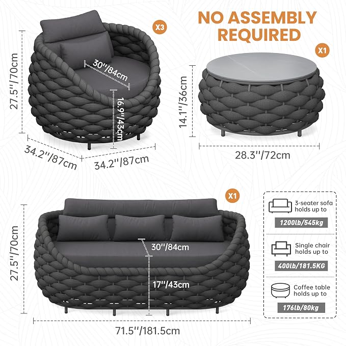Aluminum Outdoor Seating Set: 5-Piece Woven Rope Patio Conversation Set of 6 - Metal Sofa Set Assembled Cushioned - Modern Couch Porch Furniture for Deck Lanai Balcony Yard Pool Hotel, Dark Gray