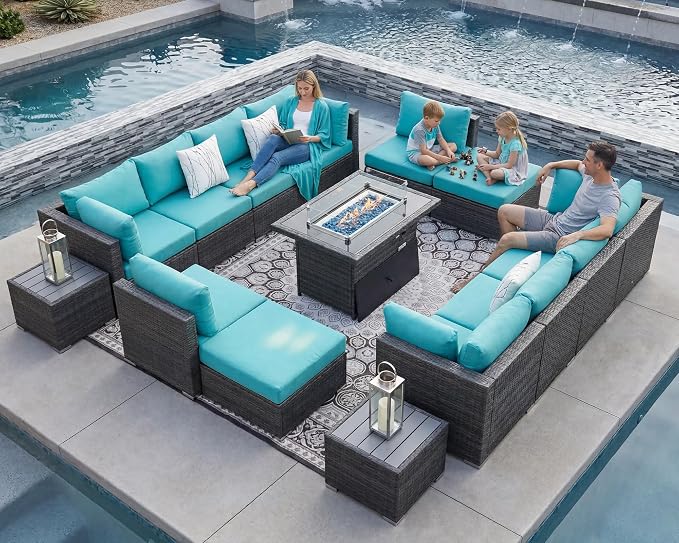 NICESOUL 15 Piece Patio Furniture Set with Fire Pit, Oversized Large Outdoor Sectional with Fire Pit, 500 lbs High Weight Capacity Wicker Deck Seating for 12, Gray & Teal