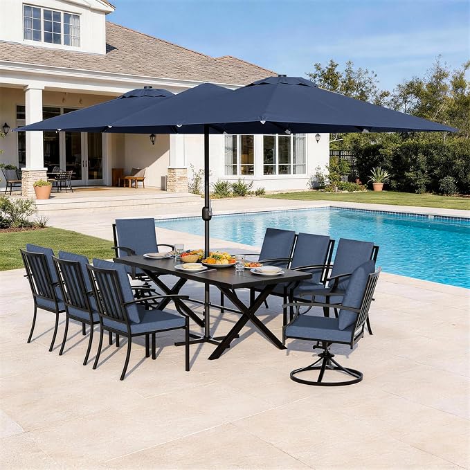Patio Dining Set for 10 with 13.6ft Double-Sided Patio Umbrella,Outdoor Dining Set of 6 Metal Chairs and 2 Swivel Chairs with Umbrella Hole Table for Backyard,Garden,and Poolside(Navy)