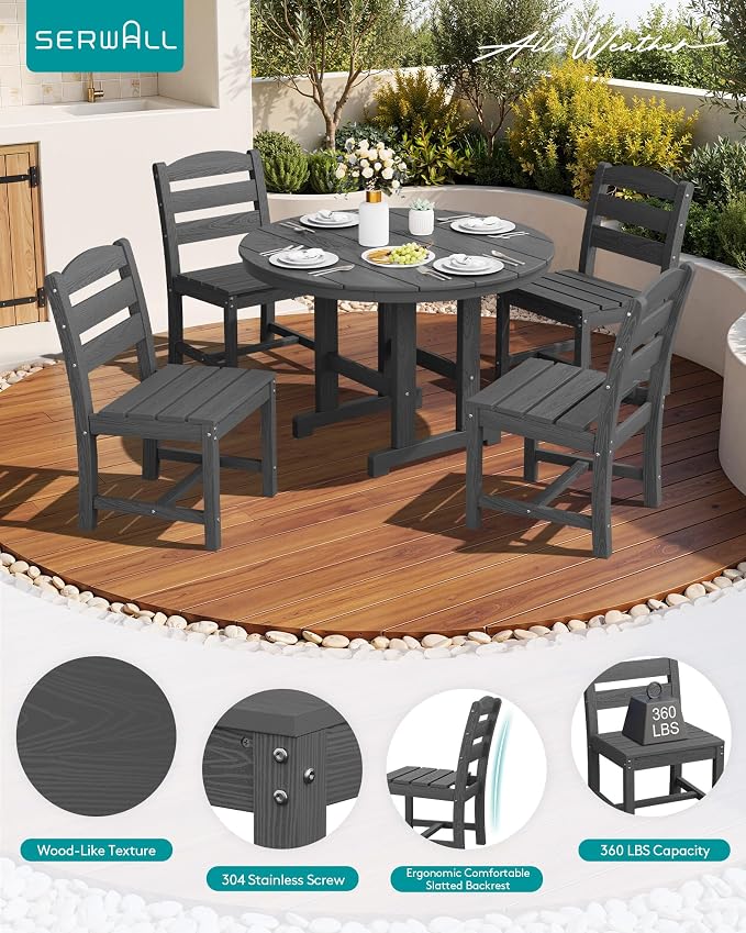 SERWALL 6-Piece Patio Dining Sets, HDPE Outdoor Table and Chairs Furniture Set with Umbrella, 45" Round Dining Table & 4 Armless Dining Chairs & 1 9FT Umbrella, Gray(Not Include Umbrella Base)