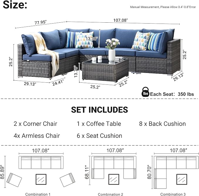 HOOOWOOO 7 Piece Patio Sectional Furniture Set,Modern Wicker Outdoor Conversation Sofa Sets,Weather Resistant Modular L Shaped Outside Couch Table Set(Denime Blue)