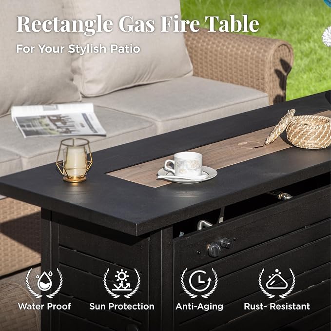 MIXPATIO Patio Furniture Set 8 pcs, Wicker Outdoor Patio Furniture, 3-Seat Sofa, 4 Single Chairs, 2 Ottomans and 56" Gas Fire Pit Table, Rattan Patio Conversation Set for Backyard Deck, Beige