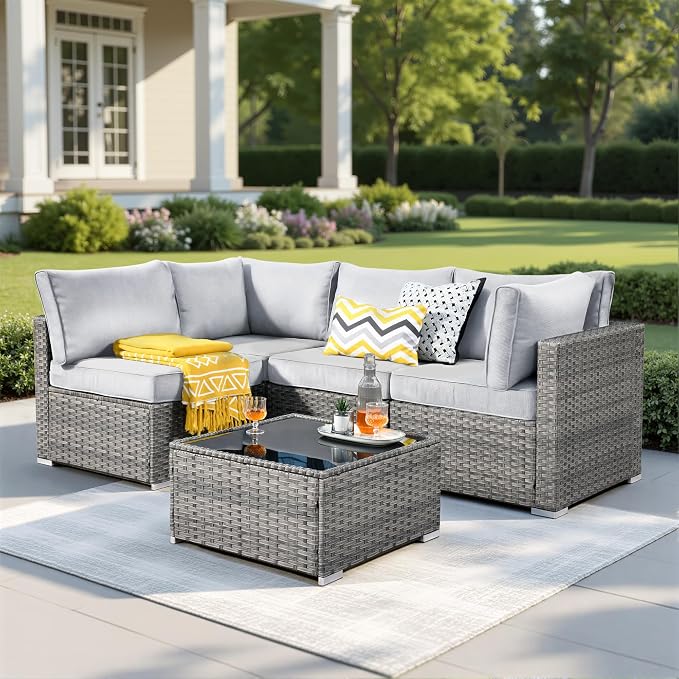 Weaxty 5 Pieces Patio Furniture Sets,Wicker Outdoor Sectional Sofa with Thicken Cushion and Rattan Coffee Table,Patio Conversation Couch Set for Porch, Balcony,Yard, Poolside,Light Gray