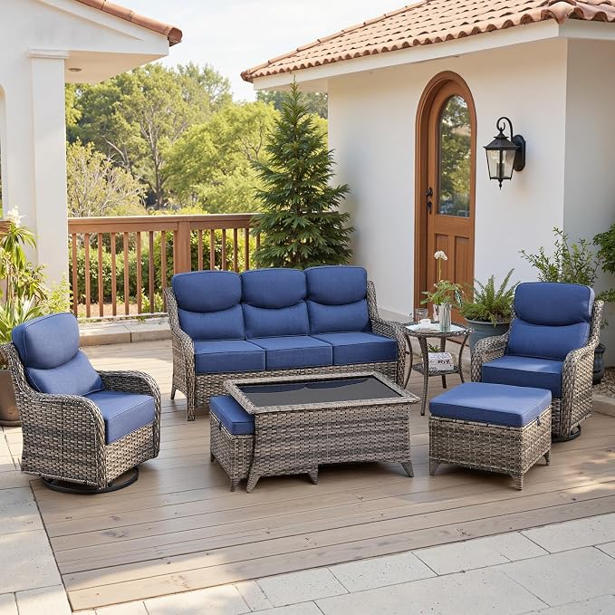 Belord Luxury 6" Thick Cushioned 7 Pieces Patio Furniture Set with Outdoor Couch, Wicker Outdoor Conversation Set with High Back Swivel Rocker Chairs for Deck Porch Yard and Poolside - Grey+Blue