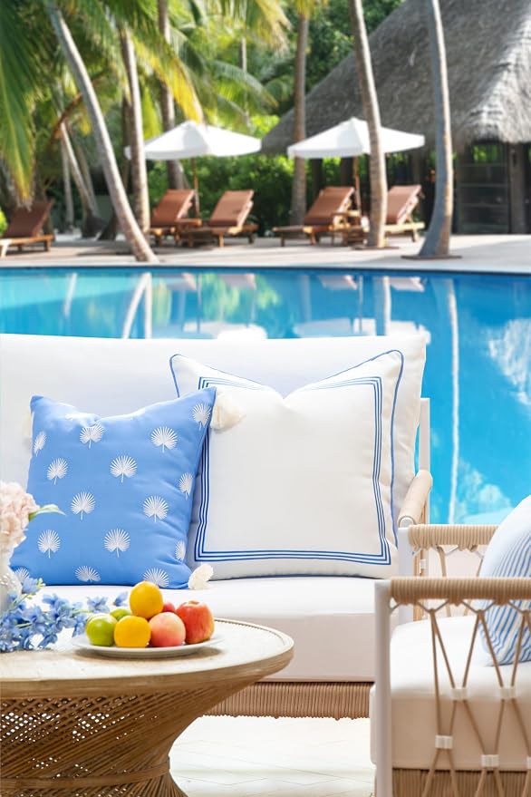 Hofdeco Premium Coastal Patio Indoor Outdoor Pillow Cover Only, 18"x18" Water Repellent for Backyard, Couch, Cornflower Blue Embroidered Palm Leaf Tassel