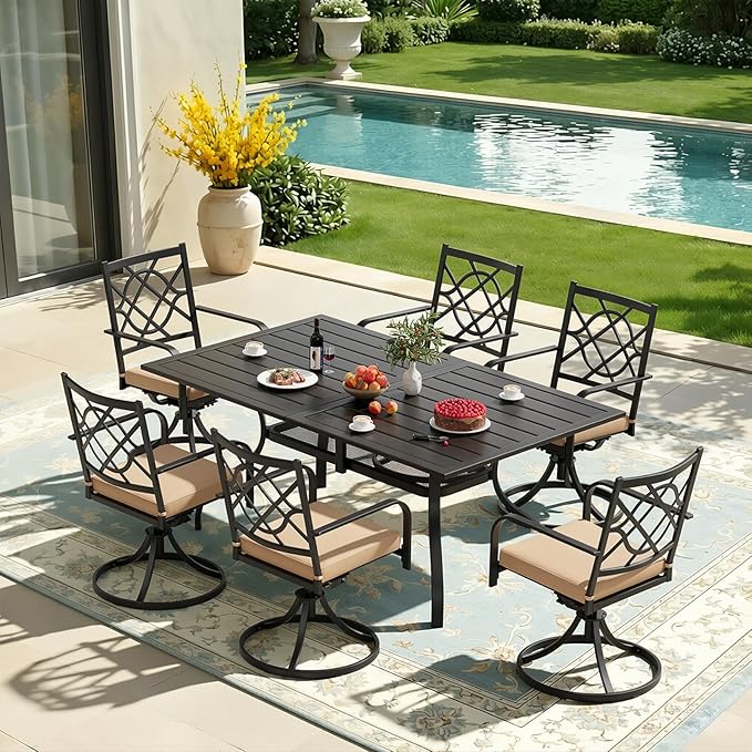 Oakcloud 7-Piece Metal Outdoor Furniture Patio Dining Set, 6 Metal Swivel Chairs and Rectangle Dining Table with Umbrella Hole, Black