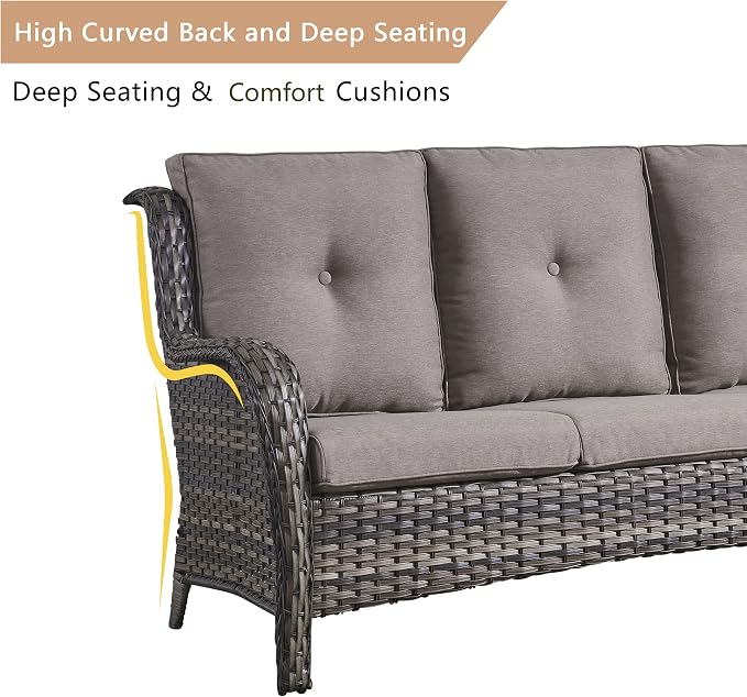 HUMMUH 4 Pieces Outdoor Furniture Patio Furniture Set Wicker Outdoor Sectional Sofa with Swivel Rocking Chairs,Outdoor Coffee Table,Brown/Grey