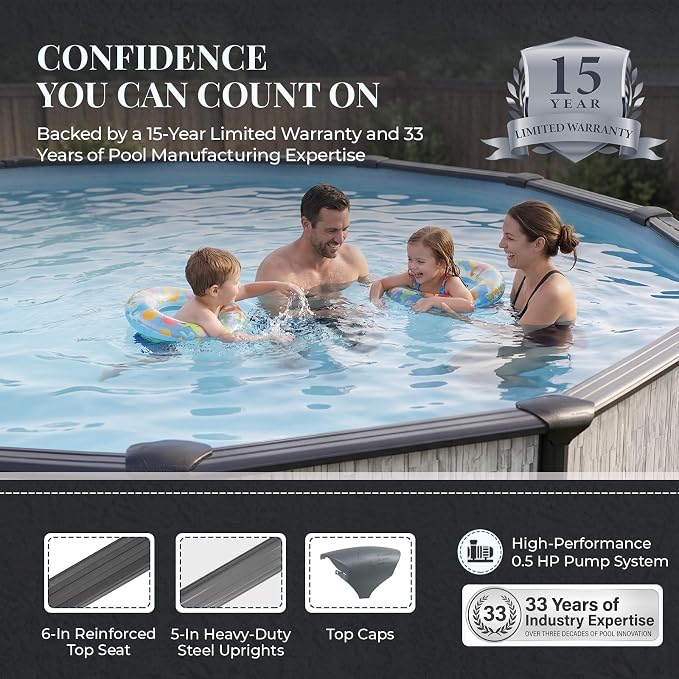 Blue Wave Sevilla 18-ft Round 52-in Deep Hard Sided Steel Frame Above Ground Pool with 6-in Steel Top Seats, 0.5 HP Sand Filter System, Ladder, Skimmer & Liner – 7,200-Gallon Capacity for Family Use