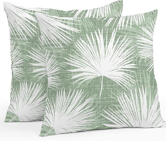 Throw Pillow Covers 26x26 Inch Set of 2, Sage Green Palm Leaves Coastal Waterproof Outdoor Pillow Covers, Summer Tropical Botanical Decorative Cushion Pillowcases for Couch, Sofa, Bed, Garden, Patio