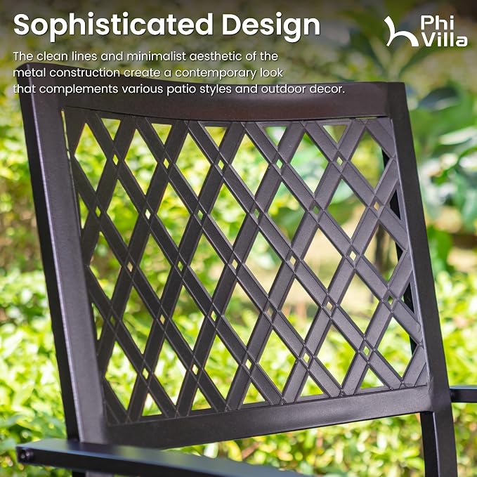 PHI VILLA Patio Dining Set, 4 Stackable Chairs w/Square Metal Table | 37" square metal table w/ 1.57" umbrella hole. Rust-resistant e-coated frame. Easy assembly. Perfect for patio,deck
