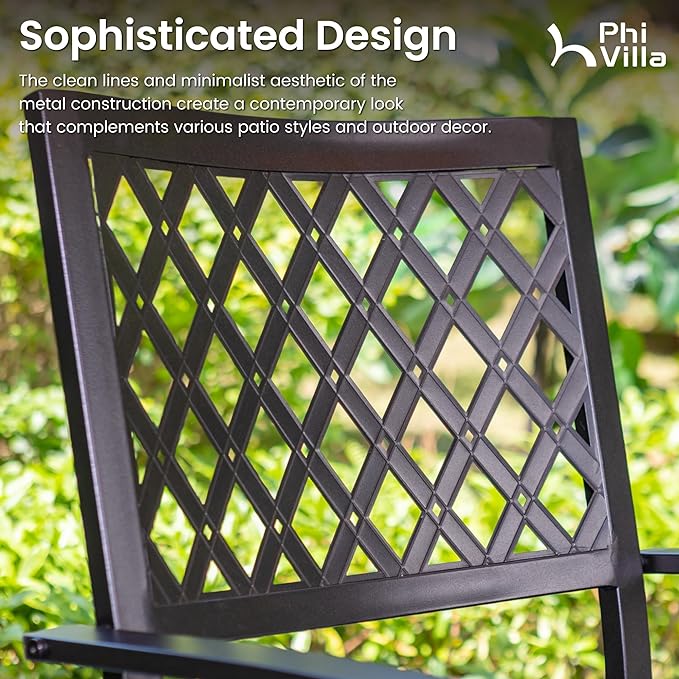 PHI VILLA Patio Dining Set, Stackable Chairs&37" Square Table | 37" Square Table & Stackable Iron Chairs, Large Furniture Set for Porch, Deck, Yard