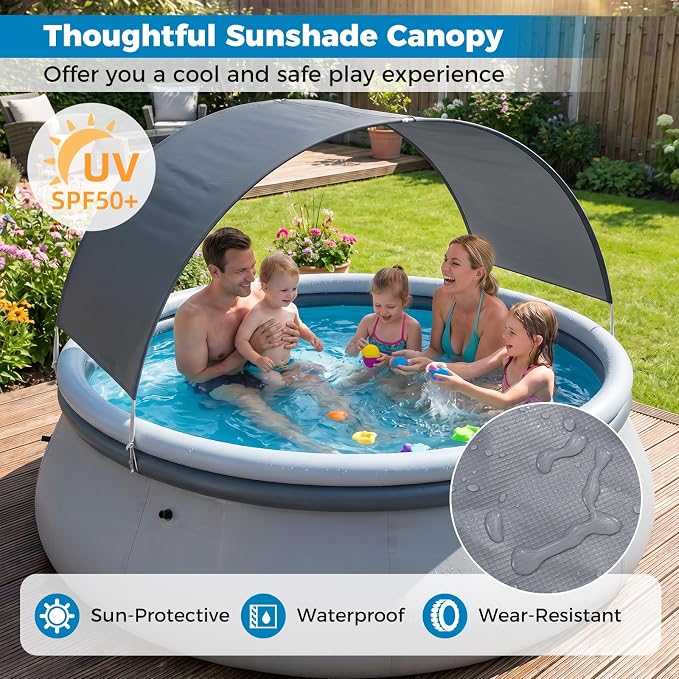 Goplus Inflatable Pool with Canopy, Large Round Above Ground Swimming Pool w/ 2 Air Chambers, Repair Patch, Top Ring Blow Up Pools for Backyard, Lawn, Garden (118” x 68”)