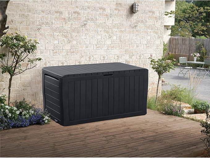71 Gallon Outdoor Deck Box with Wood-Look Texture, Weatherproof Resin Storage Container for Patio Cushions, Graphite