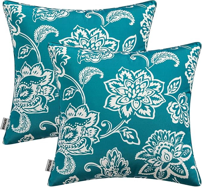 Decorative Outdoor Floral Pillow Covers Set of 2 18x18 Teal Blue | Waterproof Boho Farmhouse,Decorative Throw Pillow Covers,Summer Coastal Accent Pillowcases,Patio Furniture Garden Sofa