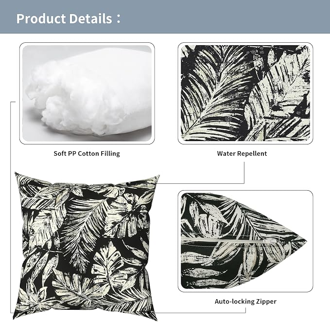Outdoor Pillows with Insert 16x16 Inch, Waterproof Throw Pillow for Patio Furniture, Decorative Back Cushion for Garden Home Sofa Office Chair, Set of 2, Tropical Leaf Black