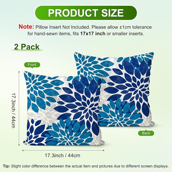 M METERXITY 2-Pack Pillow Cover 17x17 Linen, Blue Green Gray | Water Resistant Floral Decor Slipcover, for Patio, Balcony, Garden, Outdoor Pillow Case