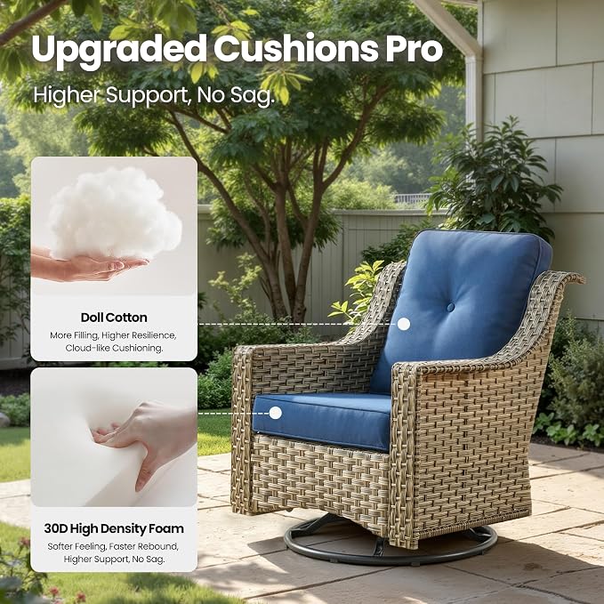 6 Piece Patio Furniture Set with Fire Pit Table, Outdoor Wicker High Back Sofa Chairs Ottoman with Comfy Cushions, Modern Conversation Sets for Backyard Deck Garden Poolside, Navy Blue