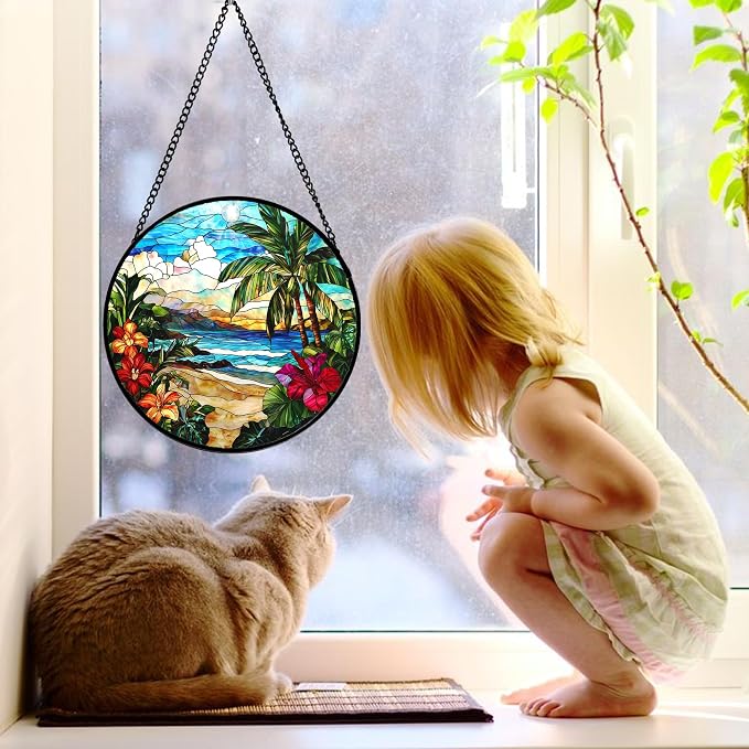 DASTOLL Stained Glass Window Hanging, Blue Beach Scenery Suncatcher Diamond Glass Panel Hangings Sun Catchers Decor for Birthday for Women, Men, Wife, Aunt, and Mom 7.8 in