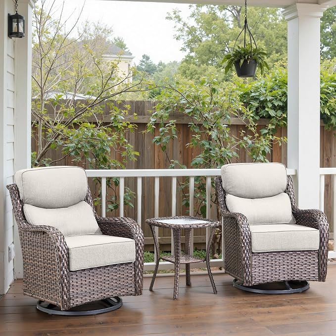 Swivel Patio Chairs Set of 3 with 6" Thick Cushion - Wicker Outdoor Swivel Rocker Patio Chairs with Side Table, High Back Comfortable Outdoor Glider Chair - Brown Wicker | Beige Cushions