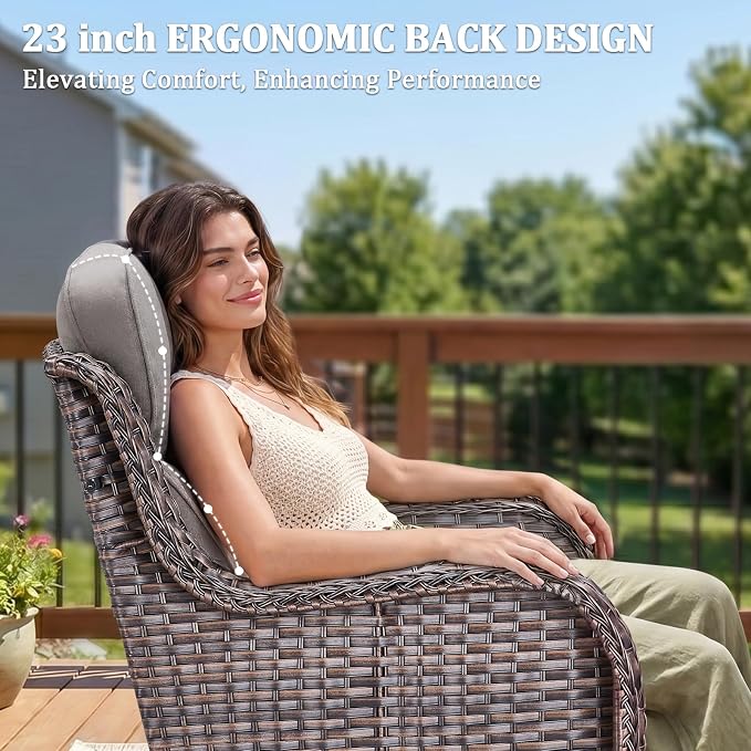 Luxury Swivel Rocker Chairs Fire Pit Set with 6" Thick Cushion 9 piece Wicker Outdoor Patio Chair with Sofa and Side Table,Comfortable High Back Outdoor Patio Furniture Set - Brown | Gery