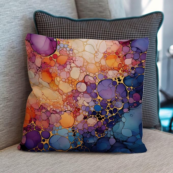 Throw Pillow Covers Ink Rainbow Shapes with Gold Pillows Retro Abstract Alcohol Ink Textures Pillow Cover Accent Modern Decorative Pillow Covers for Patio Couch Tent Sofa 18x18 in