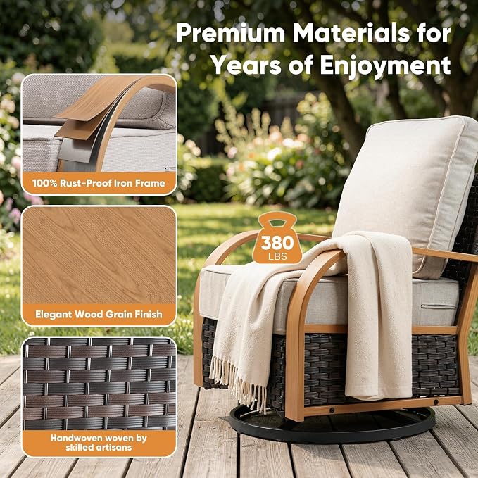 Belord 4 Piece Patio Furniture Set with 6-Inch Thick Cushions, Outdoor Swivel Chairs Set with Ottomans,Wicker Rocker Patio Chairs, All-Weather Wicker Conversation Set for Garden Porch, Wood & Beige