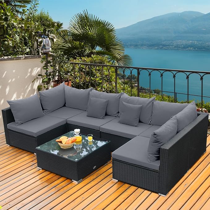 Tangkula 7-Piece Patio Furniture Set, Outdoor Sectional Sofa with Pillows and Cushions, Wicker Conversation Set with Coffee Table and Tea Table for Garden, Lawn (Grey)