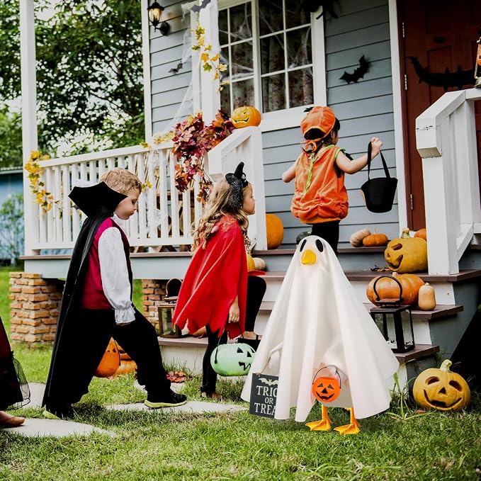 Halloween Goose Outfit Ghost Porch Goose Costume for Outdoor Decor | for 23'' Plastic/Cement Statues, Yard Statue Clothes Silly Lawn Goose Costume Patio Lawn Decor