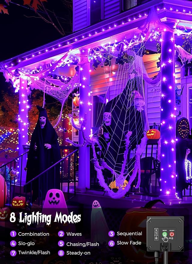 Minetom 2Pack Solar Halloween Lights Outdoor,Total 80FT 200LED String Light | Halloween Decoration Outdoor with 8 Modes, Black Wire, Waterproof Solar String Lights for Outside Tree Yard Party, Purple