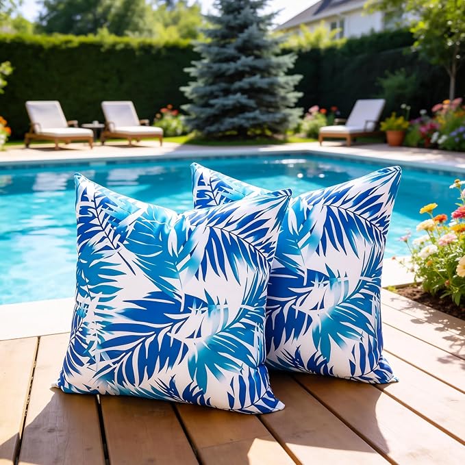 Outdoor Pillow Covers Waterproof Summer Decorative Throw Pillow Covers Blue Tropical Leaf Couch Covers 18x18 Set of 2 Square Outdoor Cushion Home Decor for Patio Furniture Garden Tent Balcony Bench