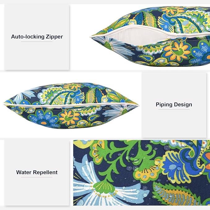 Outdoor Throw Pillows Inners, Fade Resistant Patio Furniture Square Pillows with Piping Set of 2 for Patio Furniture, 18x18 Inch, Wonder Garden