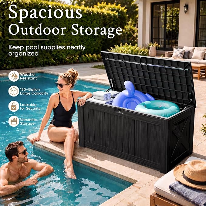 Devoko 120 Gallon Deck Box Resin Outdoor Storage Box Waterproof for Patio, Large Outdoor Storage Bench Lockable for Outside (Black)