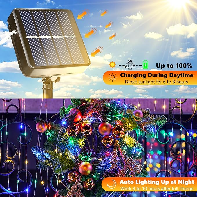 Joomer Solar Fairy Lights, 2-Pack Total 80FT 240LED Lights, Multicolor | Silver Wire, Solar String Light Waterproof 8 Lighting Modes for Patio Fence Party Garden Yard Home Outdoor Decoration