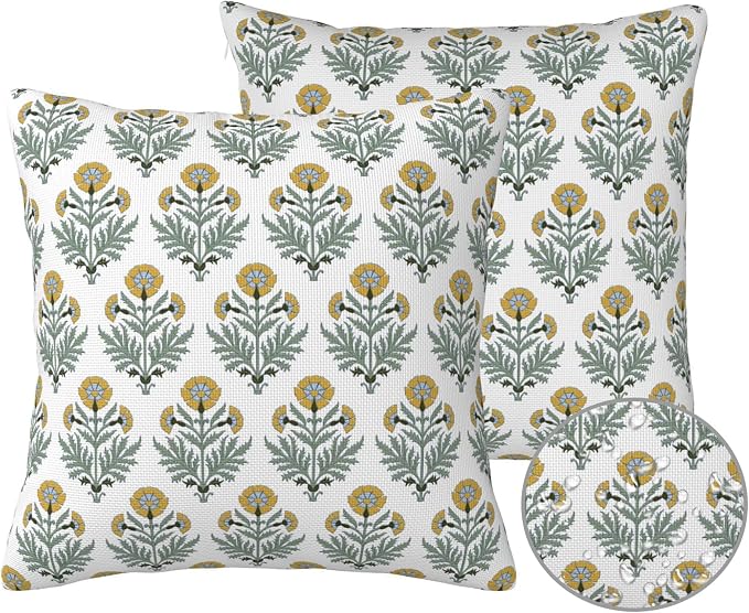 Outdoor Waterproof Throw Pillow Covers 20x20 Inch Set of 2, Block Print Flowers Decorative Pillow Cases Vintage Floral Cushion Covers for Spring Patio Furniture Garden