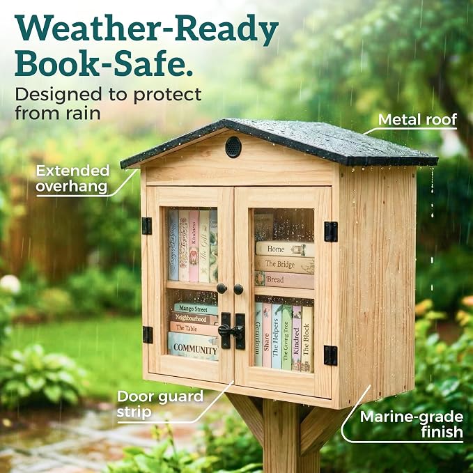HAVLYN Little Library Box Outdoor Kit – Solid Wood Free Little Library with Metal Roof – Weather Resistant Blessing Box for Community Sharing