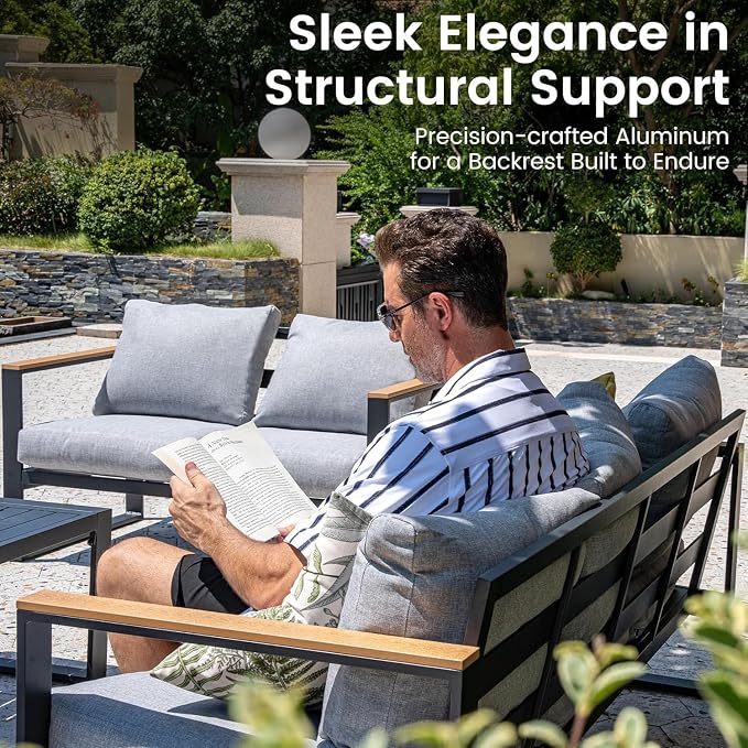 Sundale Outdoor Aluminum Patio Furniture Set, 6 Piece Outdoor Conversation Sets with Coffee Table and 6" Thick Olefin Cushions, All Weather Outdoor Sectional Set for Deck, Lawn, Yard
