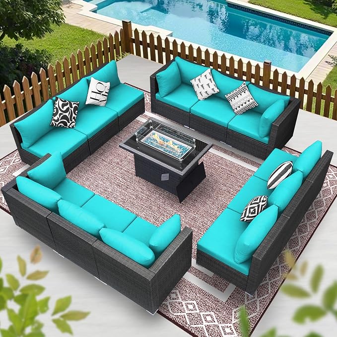 BULEXYARD 13 Piece High Back Outdoor Furniture Sets with Fire Pit, Luxury Patio Sectional Couch Sofa 12-Seater Modular, Comfortable Extra Large Wide Deep Backyard Seating Conversation Set, Grey & Teal