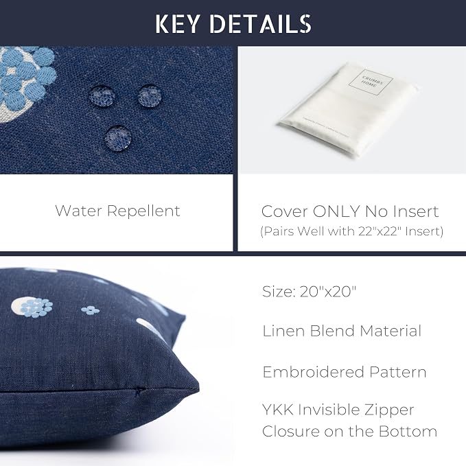 California Casual Coastal Indoor Outdoor Throw Pillow Cover, 20"x20" Water Repellent for Patio, Backyard, Couch, Dark Navy Blue Embroidered Striped Dots