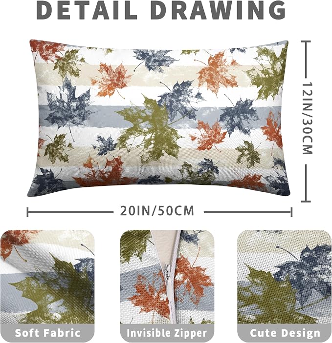 Thanksgiving Colorful Maple Leaves Lumbar Pillow Covers 12x20 Set of 2 Fall Rectangular Pillow Covers Blue Beige White Stripes Pillowcase Autumn Throw Pillow Covers for Patio Indoor Couch