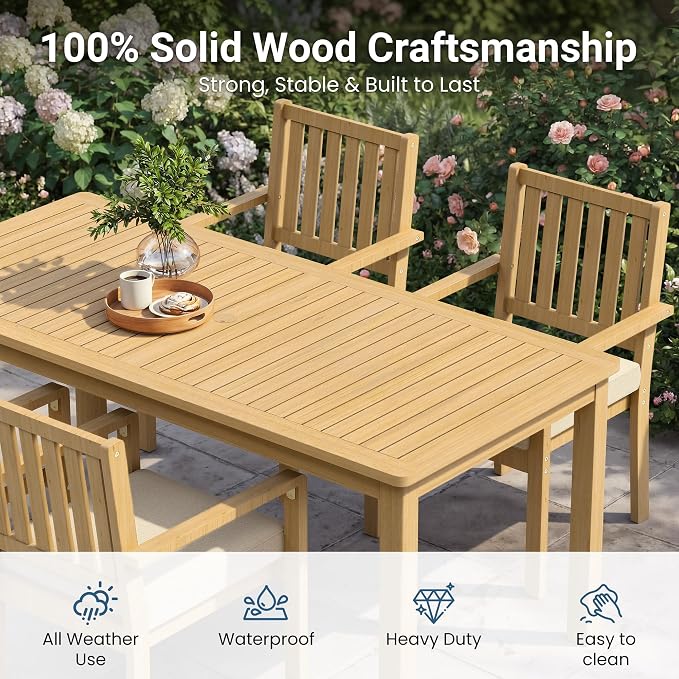 Wisteria Lane 6 Pieces Acacia Outdoor Patio Table and Chairs Set for 6, Patio Outdoor Dining Table Set with with Bench and Cushion, Modern Outdoor Patio Set for Deck Lawn Backyard Garden, Beige