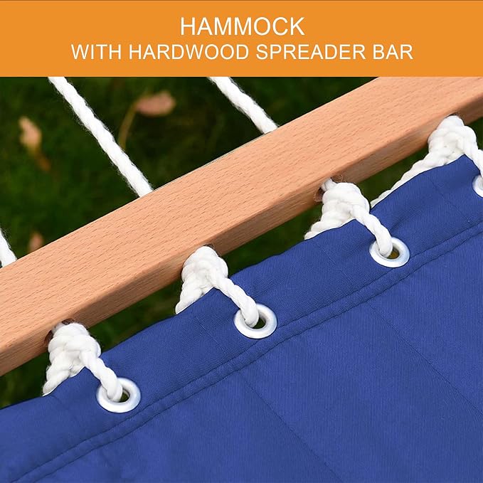 Lazy Daze Hammocks 12 FT Double Quilted Fabric Hammock and 13 FT Natural Wood Arc Stand, with Spreader Bar, Removable Pillow, 2 Person Hammock for Poolside Outdoor Patio, 450 lbs Capacity, Navy Blue