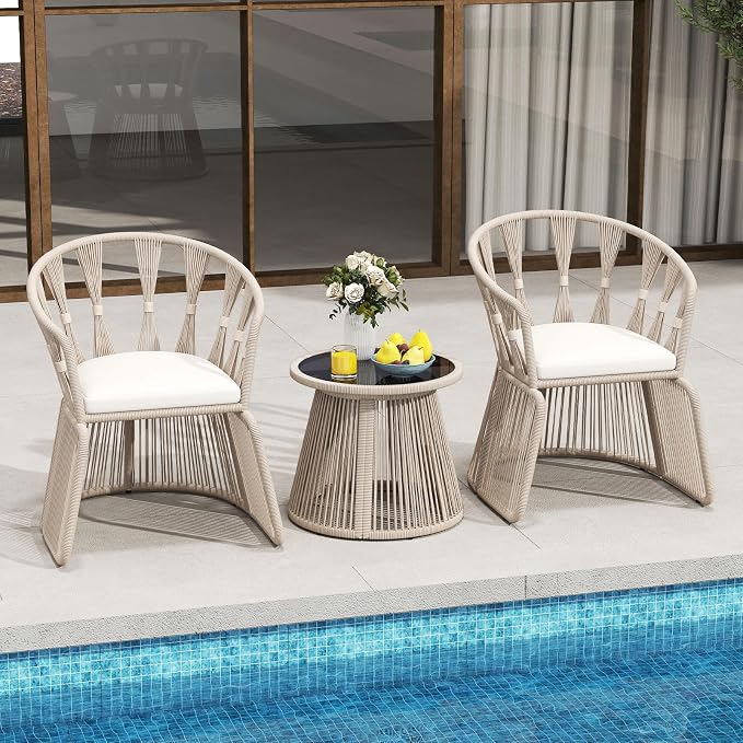 Tangkula 3 Piece Patio Leisure Chair Set, Outdoor Rope-Woven Cushioned Armchairs & Table Set with Tempered Glass Tabletop, for Balcony, Porch, Backyard (Off White)